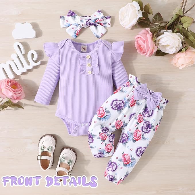 GDTOGRT Baby Girl Clothes Newborn Infant Outfits Ruffle Romper+ Floral Pants + Cute Headband Sets for Girls