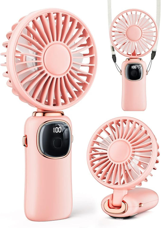 coldSky Portable Handheld Fan, 4000mAh Battery Operated with LED Display, Handheld/Neck/Desk 3 in 1 Personal Small Fan, 90° Foldable Desk Fan with Base, 5 Speed Lash Makeup Fan for Women