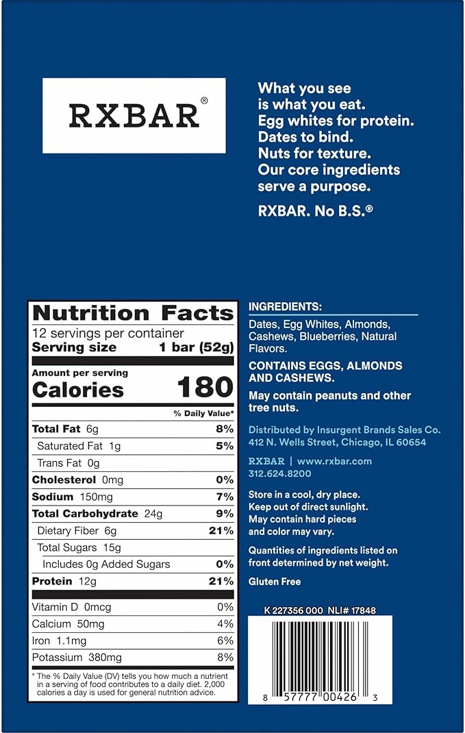RXBAR Protein Bars, Protein Snack, Snack Bars, Blueberry, 22Oz Box (12 Bars)