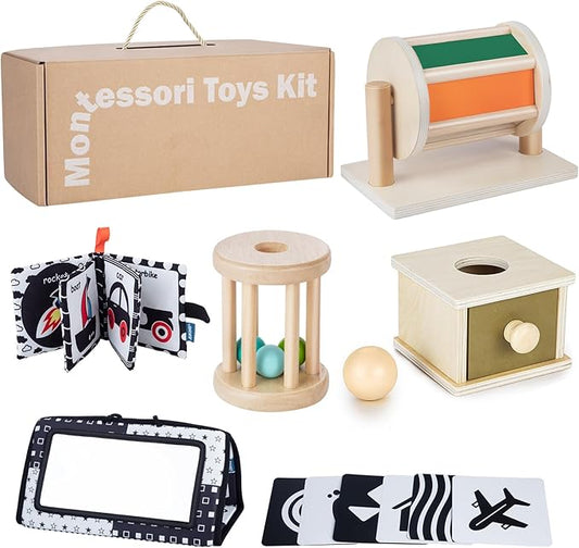 Montessori Toys for Babies 0-6 Months, 6 in 1 Learning Educational Set for Newborn, Toddlers Gifts Includes Spinning Drum, Object Permanence Box, Baby Roller Tummy Time Mirror and More