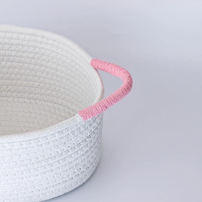 Yimi's Dream Baskets for Gifts Empty, Small Storage Baskets for Shelf, Decorative White Woven Baskets with Pink Handle for Mom, Nursery, Baby Shower, Christmas(Oval, 12"x 8"x 5")