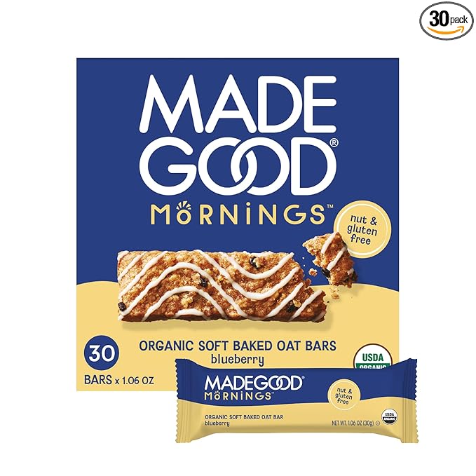 MadeGood Mornings Soft Baked Breakfast Bars, Blueberry, 1.06 Oz (30 Count) Gluten Free Snacks