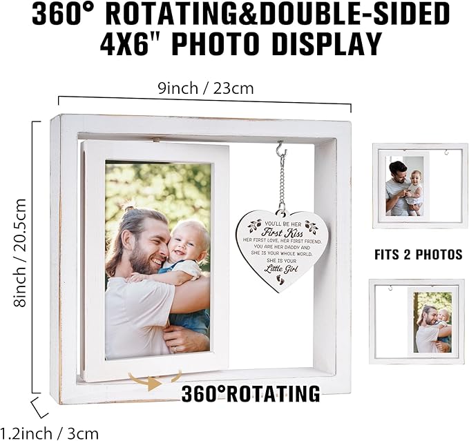 First Time Dad Gifts, Girl Dad Gifts - "You'll Be Her First Kiss" Picture Frame Nursery Decor, Gift for Daddy to be, Baby Shower, Birthday, Father's Day - Vintage Style Rotating Photo Frame 4x6