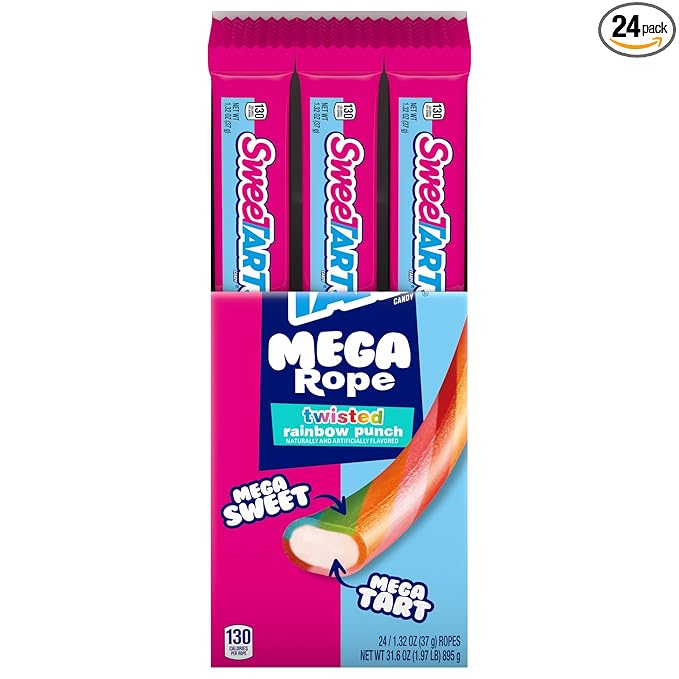 SweeTARTS Mega Filled Ropes Candy, Twisted Rainbow Punch, Sweet and Tart, 1.32 oz (Pack of 24)