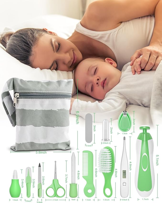OTTOLIVES Baby Healthcare and Grooming Kit, 24 in 1 Baby Electric Nail Trimmer Set Newborn Nursery Health Care Set for Newborn Infant Toddlers Baby Boys Girls Kids (0-3 Years+) (Green)