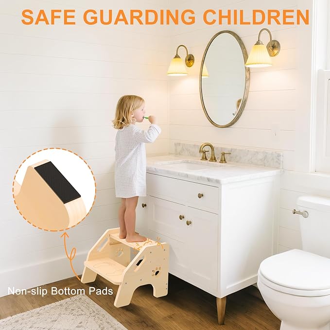 Toddler Step Stool Wooden - Height-Adjustable Kids 2 Step Stool Ladder with Cute Bear Design for Bathroom Sink Toilet Potty Training Kitchen Bedroom