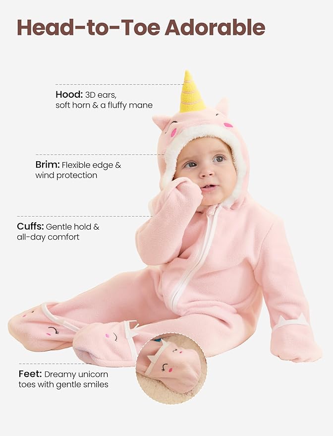 PATPAT Fleece Hooded Footed Romper Clothes, Soft Warm Footie Covers, Car Seat Friendly, Easy Zip, Cute Boy Girl