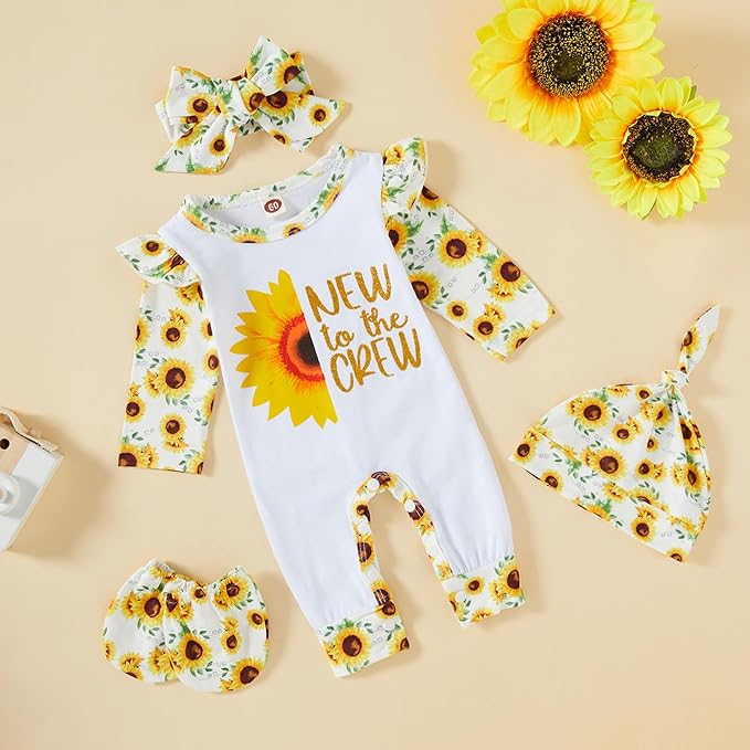 GRNSHTS Newborn Baby Girl Romper Infant Letter Print Jumpsuit Floral Bodysuit+Hat+Headband+Gloves Coming Home Clothes Outfits