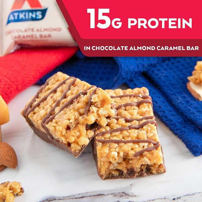Atkins Soft Baked Vanilla Macadamia Nut Meal Bars, 15g Protein, 4 Packs (20 Bars); Chocolate Almond Caramel Bars, 5 Count