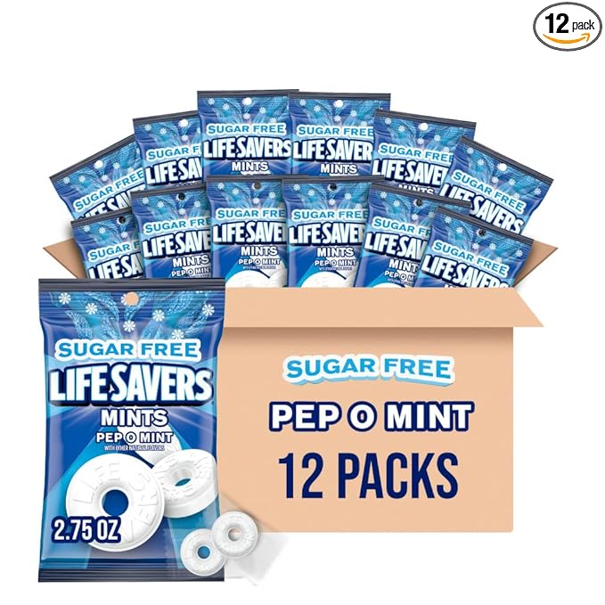 LIFE SAVERS Breath Mints Sugar Free, Pep O Mint Hard Candy Bag for Goodie Bags, Road Trips, School, Work, 2.75 oz (Pack of 12)