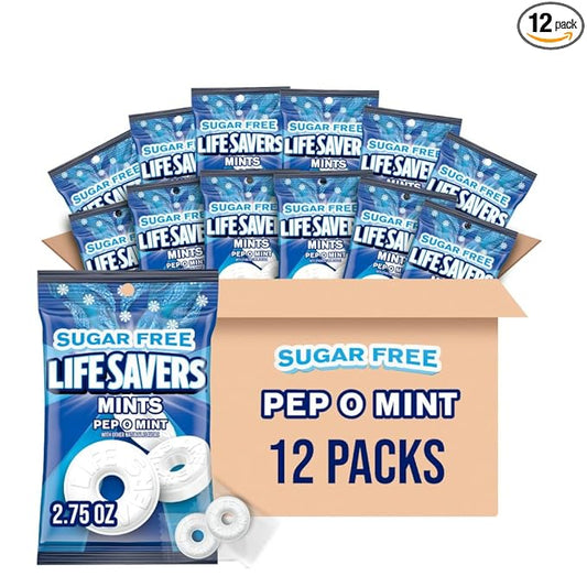 LIFE SAVERS Breath Mints Sugar Free, Pep O Mint Hard Candy Bag for Goodie Bags, Road Trips, School, Work, 2.75 oz (Pack of 12)