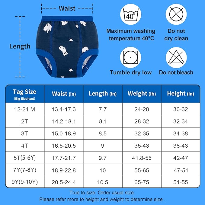 BIG ELEPHANT 6-Pack Potty Training Pants – 100% Cotton Absorbent Toddler Underwear for Boys and Girls (12M-10Y)