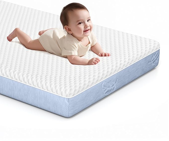 Dual-Sided Comfort Baby and Toddler Crib Mattress with Cool Gel Memory Foam, Triple-Layer Breathable Premium Baby-Mattress for Infant and Toddler with Removable Outer Cover -White&Blue