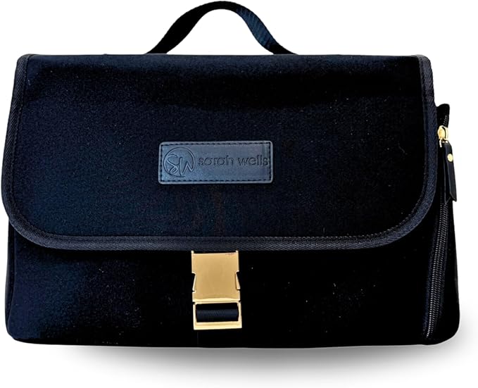 Sarah Wells Stroller Caddy & Pump Bag – Insulated Neoprene Diaper Organizer with Crossbody Strap, Machine Washable, Luggage Sleeve – Fits Single & Double Strollers (Black)