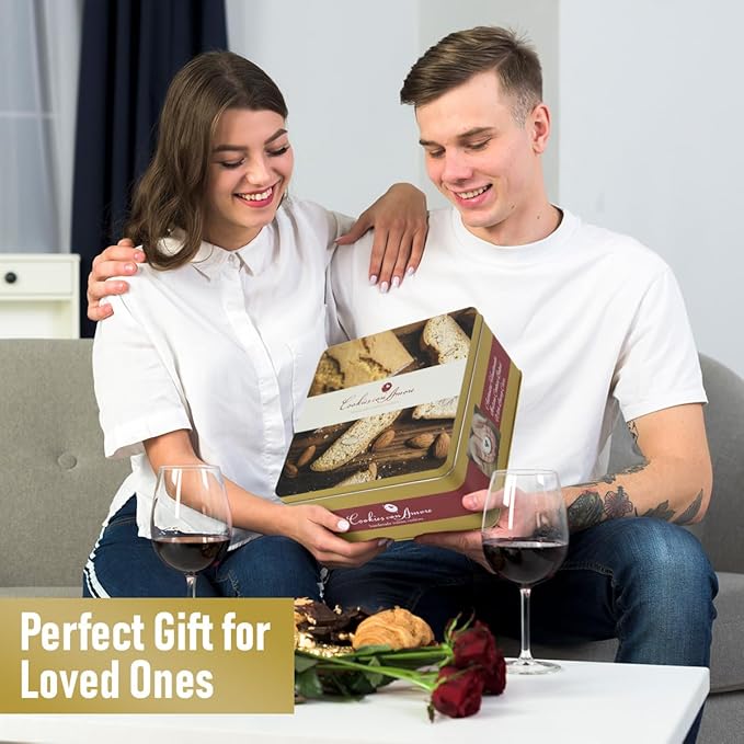 Italian Biscotti Cookie Gift Box, 2lb Square Tin of Individually Wrapped Gourmet Biscotti - Authentic Italian Cookies for Gifting, Coffee Pairing, and Elegant Celebrations
