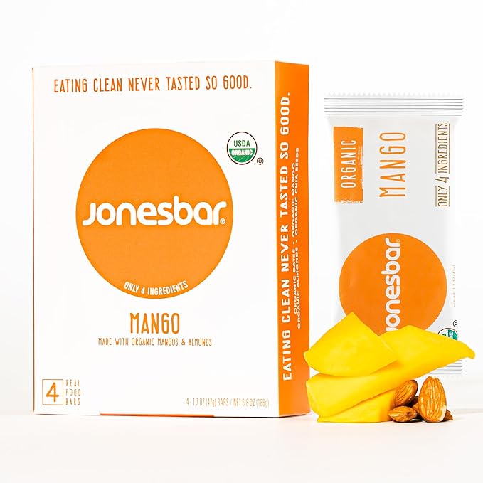JONESBAR (Mango Almond, 4 Count (Pack of 1)), USDA Organic Fruit & Nut Bar, Non-GMO, Kosher, Vegan, Gluten Free, Simple Snack Bar