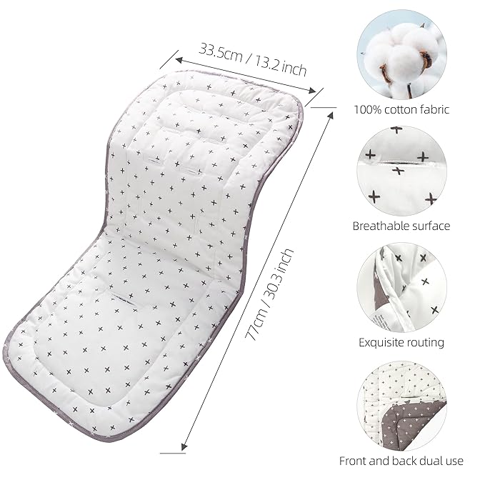 Baby Carriage Cushion, Universal Breathable Stroller Mat, Stroller Cushion for Strollers 100% Cotton, 34x78cm 1 Pack(White+Grey Cross)
