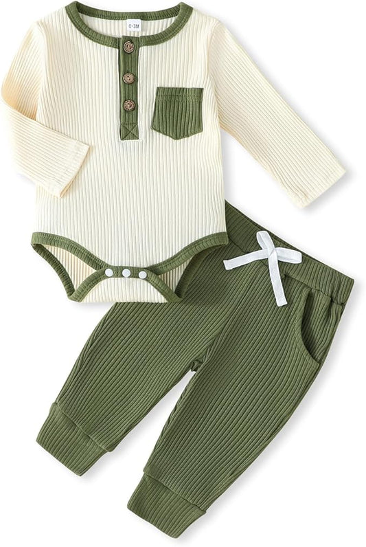 Newborn Baby Boy Girl Clothes Ribbed Knit Cotton Long Sleeve Romper Long Pant Preemie Solid Color Unisex Outfits