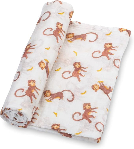 LollyBanks Muslin Swaddle Blankets, 100% Cotton Baby Swaddle Blanket for Boys and Girls, Large 47 x 47 Inches Newborn Swaddle, Soft and Breathable Baby Receiving Blankets, Registry (Monkey Print)