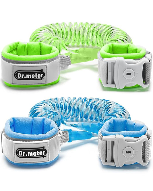 Dr.meter Anti Lost Wrist Link, 2 Pack Toddler Safety Leash with Key Lock, Reflective Child Walking Harness - Dual 8.2ft Length Blue & Green Kids Leash for Supermarket Mall Airport Amusement Park Zoo