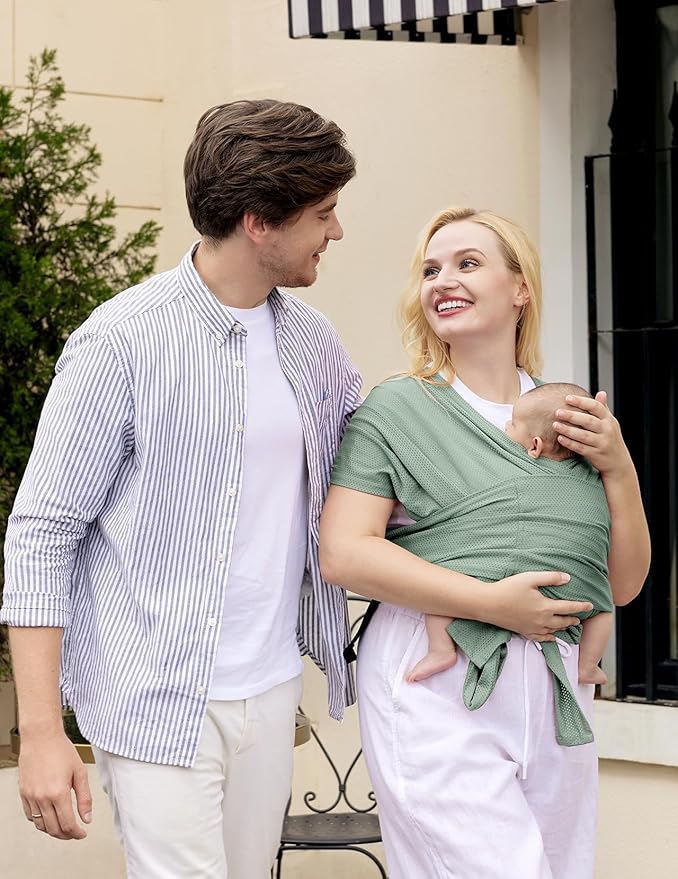 Momcozy Adjustable Buckle Baby Wrap Carrier Cooling Air-Mesh, Easy to Wear Baby Carrier Sling, Baby Carriers Newborn to Toddler 8-35lbs, Suit for Waist 47-57inch,Plus Size Grey Green