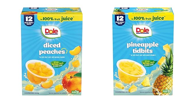 Dole Fruit Bowls, Diced Peaches in 100% Juice 4oz (12 Cups), and Dole Pineapple Paradise Pineapple Tidbits in 100% Fruit Juices, 4oz (12 Cups), Back To School Healthy Snack