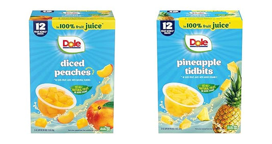 Dole Fruit Bowls, Diced Peaches in 100% Juice 4oz (12 Cups), and Dole Pineapple Paradise Pineapple Tidbits in 100% Fruit Juices, 4oz (12 Cups), Back To School Healthy Snack
