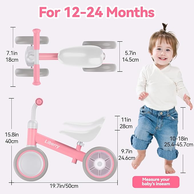 Liberry Light Up Baby Balance Bike 1 2 Years, Ride Toys with Adustable Seat for Girls, First Birthday Gift for Toddlers, Pink