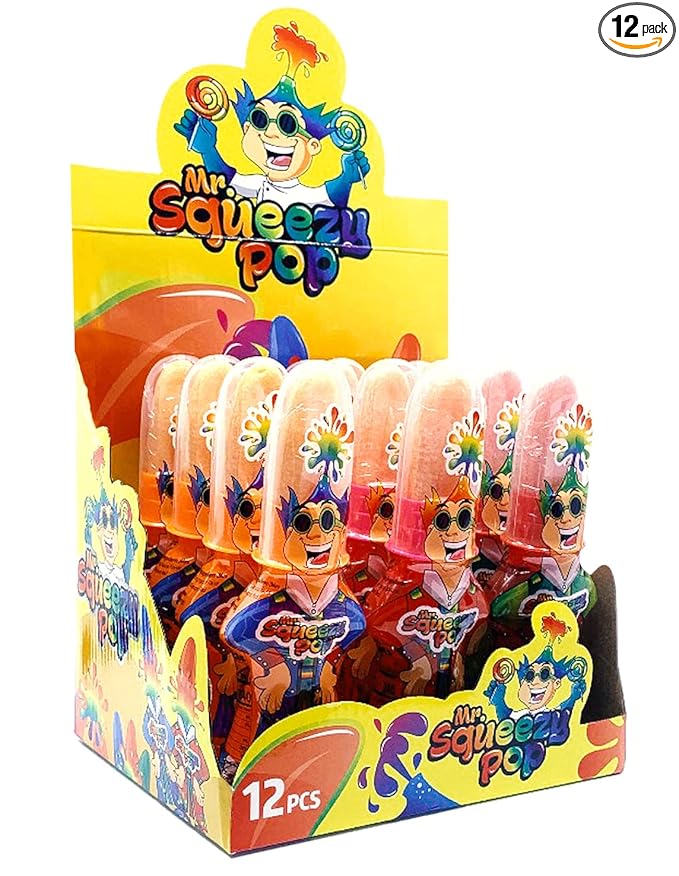 Happiness USA Mr. Squeezy Pop Sour Candy Variety Pack of 12 | All-Natural Kosher Squeeze Candy Blue Raspberry, Apple & Strawberry Flavors w/No Artificial Color | Dye Free Suckers & Lollipops for Kids