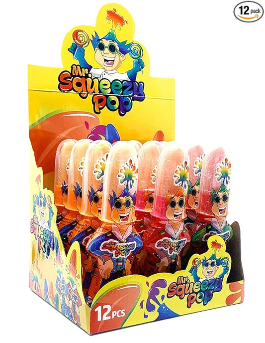 Happiness USA Mr. Squeezy Pop Sour Candy Variety Pack of 12 | All-Natural Kosher Squeeze Candy Blue Raspberry, Apple & Strawberry Flavors w/No Artificial Color | Dye Free Suckers & Lollipops for Kids