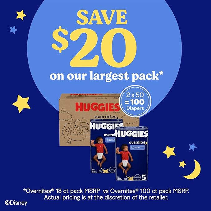 Huggies Size 4 Overnites Baby Diapers: Overnight Diapers, Size 4 (22-37 lbs), 116 Ct (2 Packs of 58), Packaging May Vary