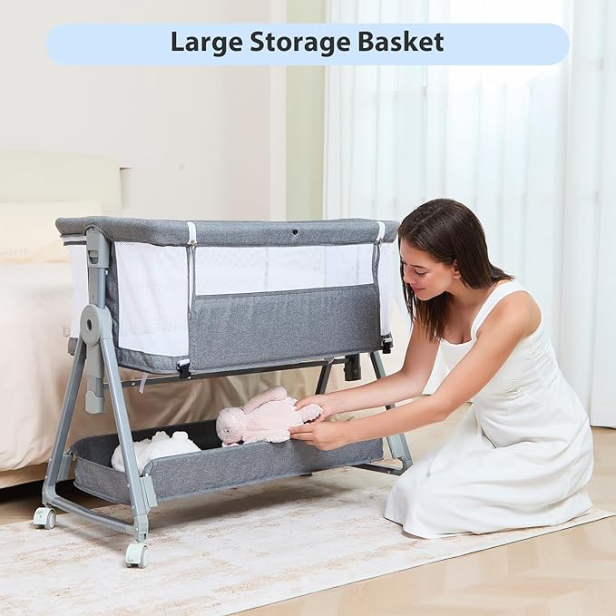 3-in-1 Baby Bassinet Bedside Sleeper with Wheels Bedside Bassinet for Newborn and Infant with Mattress and Storage Basket | Adjustable Height & Angle (13.5-18") | ASTM/CPSIA Certified (Grey)