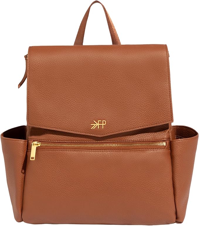 Freshly Picked Mini Classic Diaper Bag Backpack, Wipeable Vegan Leather, 8 Pockets Total (Cognac)