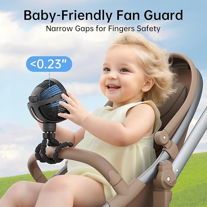 GUSGU Baby Stroller Fan with Clip, Rechargeable & Battery Operated Portable Fan with 16H Max Runtime, Hands Free 360° Adjustable Quiet Personal Fan for Travel, Car Seat, Crib, Trolley, Bedroom