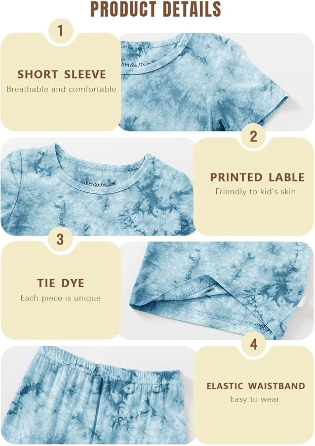 Jimonda Kids Soft Rayon From Bamboo Sleepwear Short Sleeve Boys Girls Pajama Outdoor 4-Piece tops&shorts Casual sets Tie PJ