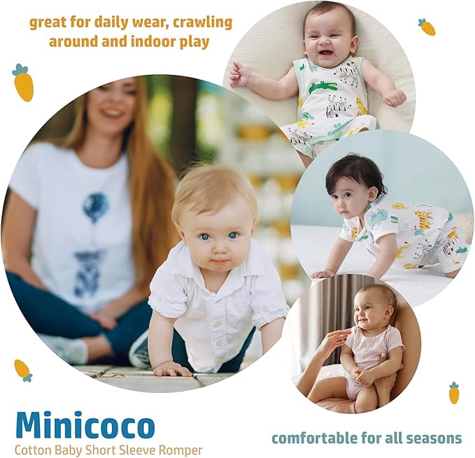 3-Pack 100% Cotton Baby Boy Rompers,0-24Months Short Sleeve Toddler Romper,Breathable Spring/Summer Clothes