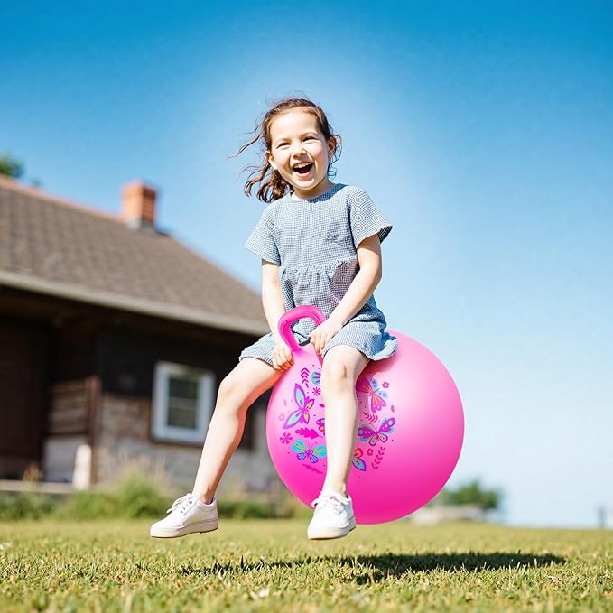EVERICH TOY Hopper Ball, Pink Butterfly Hopping Toys for Kids, 18 Inch Bouncy Ball with Handle, Indoor Outdoor Inflatable Hoppity Hop Toy for Girls Boys Gift with Pump