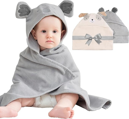 Mooreeke 2 Pack Baby Towels - 100% Cotton Baby Hooded Towels - Soft Baby Bath Towels with Hood for Newborn - Comfort Towels for Baby Girls and Boys - Animal Shaped Design (Puppy & Koala)