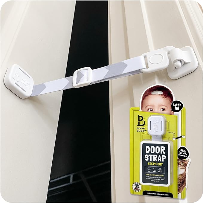 Door Buddy Baby & Cat Door Latch - Grey. Adjustable Strap Keeps Kids Out of Cat Areas. Simple Child Safety Lock for Doors. The Easier Baby Gate and Kitty Door Interior Alternative.