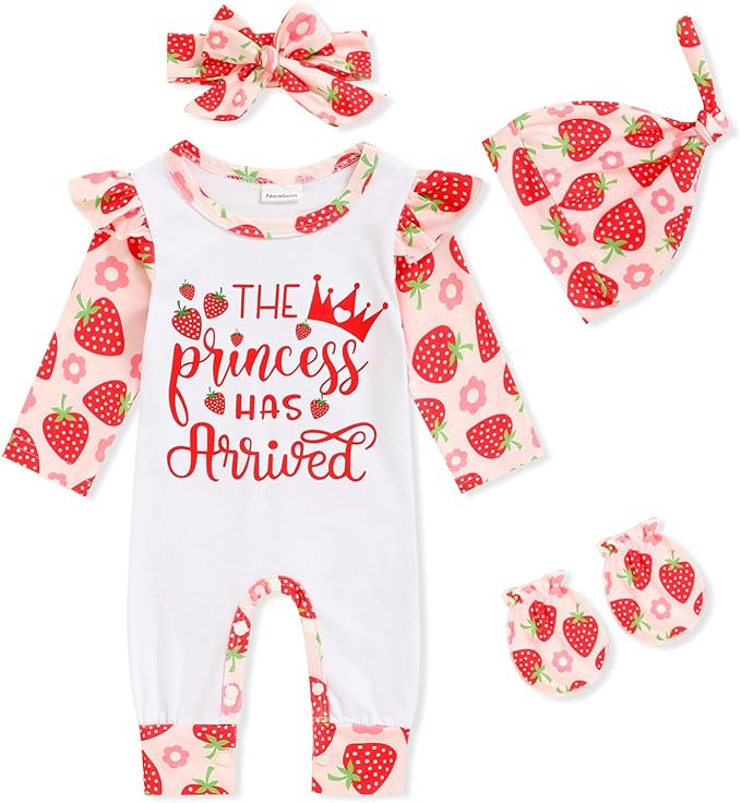 GRNSHTS Newborn Baby Girl Romper Infant Letter Print Jumpsuit Floral Bodysuit+Hat+Headband+Gloves Coming Home Clothes Outfits