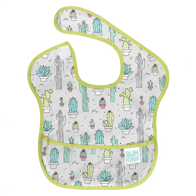 Bumkins Bibs for Girl or Boy, SuperBib Baby and Toddler 6-24 Months, Essential Must Have for Eating, Feeding, Baby Led Weaning Supplies, Mess Saving Catch Food, Waterproof Soft Fabric, Green Cactus
