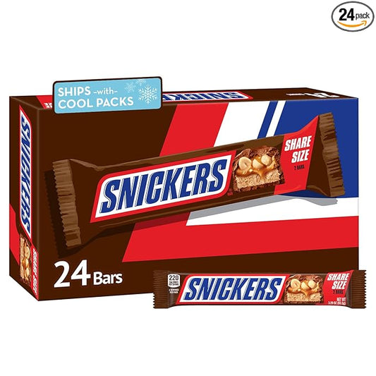 SNICKERS Milk Chocolate Candy Bars - Individually Wrapped Share Size Milk Chocolate Bars, 3.29 oz, Pack of 24 Bulk Box