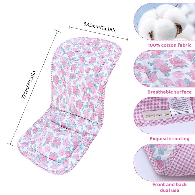 Baby Stroller Cushion,Infant Car Seat Insert-Reversible Universal Breathable and Soft Newborn Stroller Mat,100% Cotton Cover Toddler Seat Pad Liner-34x78cm,1 Pack(Pink Rose+Pink Plaid)