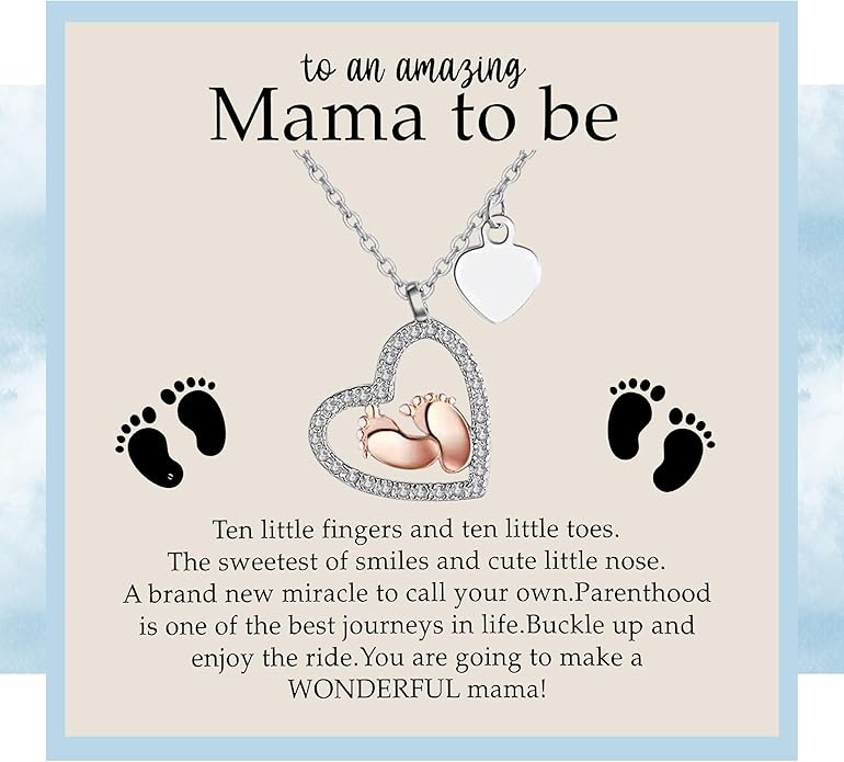 Pregnancy Necklace Gift for Mom to Be, First time Mom, Maternity Keepsake, Pregnant Wife, Baby Shower Keepsake for Expecting Mother, Baby Feet Heart Pendant with Message Card