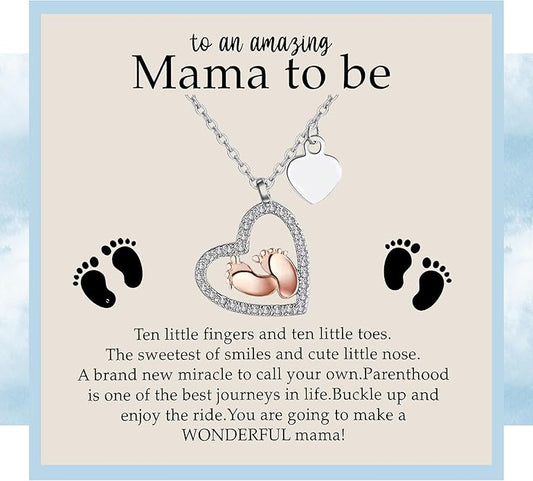 Pregnancy Necklace Gift for Mom to Be, First time Mom, Maternity Keepsake, Pregnant Wife, Baby Shower Keepsake for Expecting Mother, Baby Feet Heart Pendant with Message Card