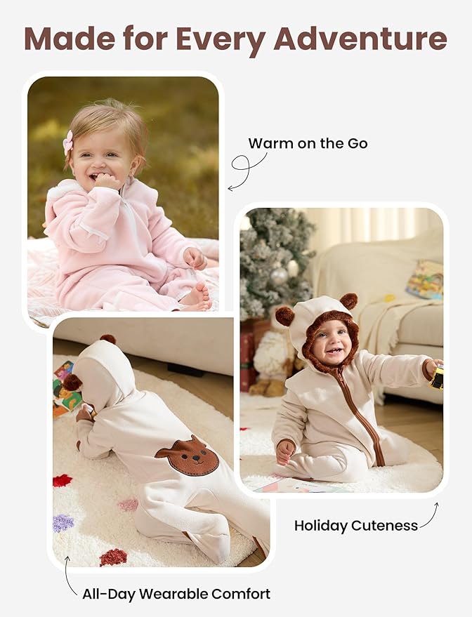 PATPAT Fleece Hooded Footed Romper Clothes, Soft Warm Footie Covers, Car Seat Friendly, Easy Zip, Cute Boy Girl