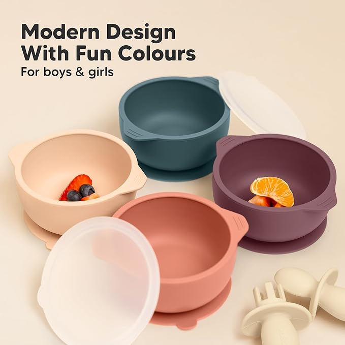 KeaBabies 2-Pack Baby Bowls with Suctions, Lids - Silicone Toddler Suction Bowls for Baby Boy, Girl, Kids, Dog, Food Grade Silicone, BPA-Free, Dishwasher Safe, Toddler Eating Essentials (Rocky)