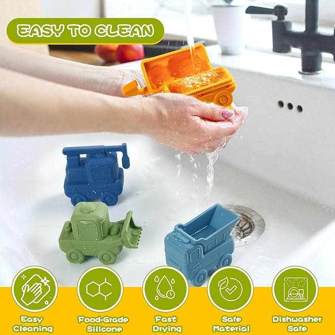 Mold-Free Baby Bath Toys, 4 Pack Silicone Bath Toys - Truck & Construction Toys | Soft, Squeezable & Float on Water | Easy-Grip Bath Toy Toddler 2-4 | Bathtub Water Pool Sand Toys for Baby Gifts