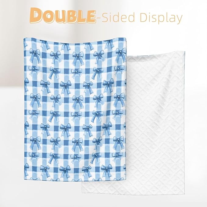 Baby Blanket Blue Bows Check for Boy Girl Newborn 30x40 Inch Toddler Infant Nursery Throw Blankets Double Layer Comfy Soft Plush Stroller Crib Quilt
