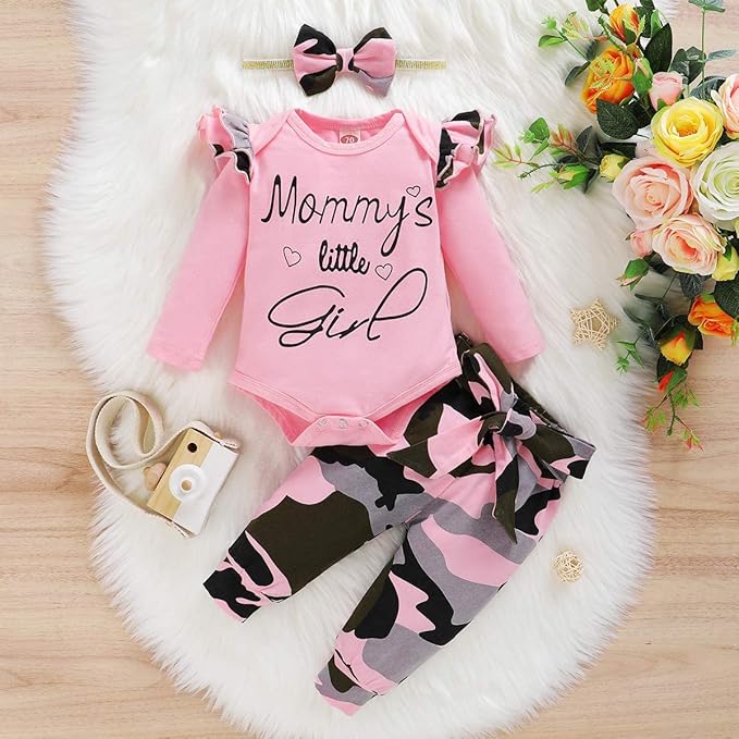 Newborn Baby Girl Clothes, Infant Girl Outfits Long Sleeve Ruffle Romper + Floral Pants + Headband Set